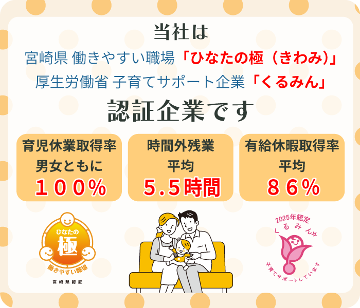 当社は「ひなたの極（きわみ）」、「くるみん」認証企業です。